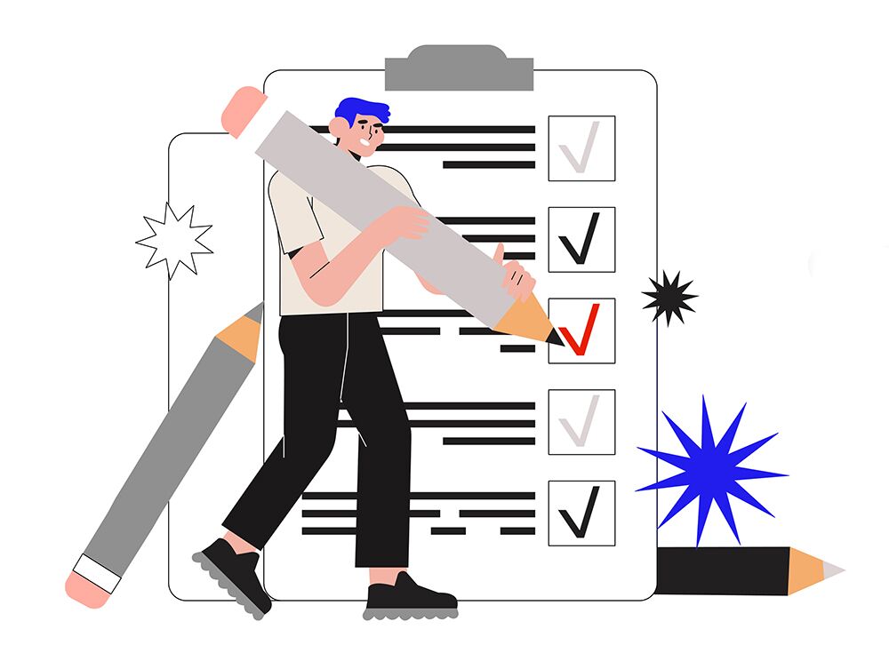 Business man holding giant pencil looking at completed checklist on clipboard marking tasks. Concept of effective daily planning and time management. Vector illustration web banner or ui character.
